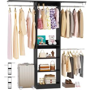 Besiost 48" Closet Organizer System, 4FT Closet System for Small Closets with 4 Hanging Rods & 3 Shelves, 80"H Small Closet Organizers and Storage for Bedrooms, Cloakrooms, Black