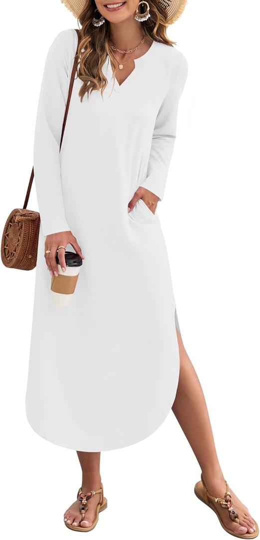 MISFAY Fall Dresses for Women 2026 Casual V Neck Long Sleeve Split Maxi Dress Loose Shirt Dress Solid Outfits with Pockets (White, XXL)