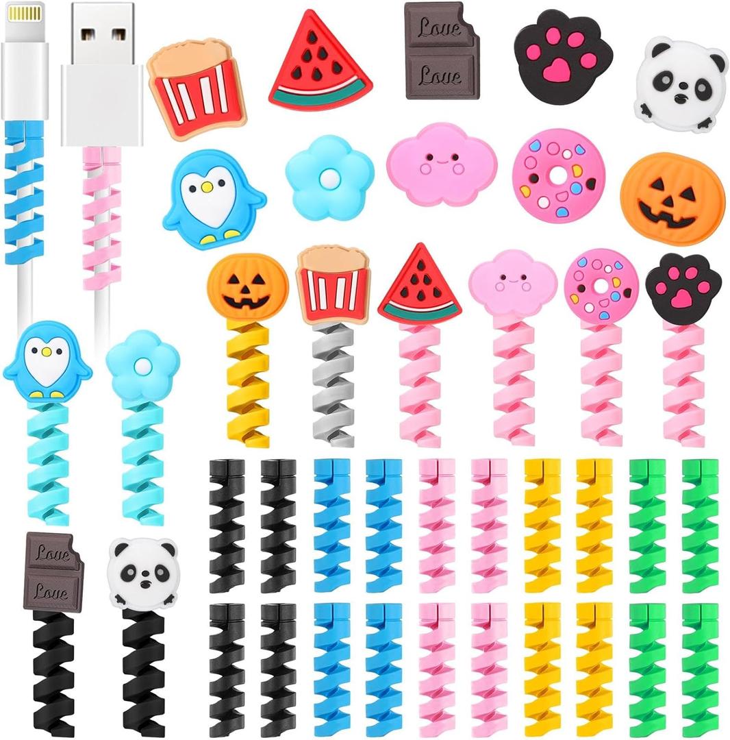 Flutesan 40 Pieces Colorful Cartoon Charger Cable Protectors USB Charger Saver Silicone Buddies Flexible Cable Wire Protectors Cute for Most Cellphone Data Lines Chargers Accessory, Various Styles