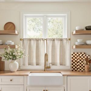 jinchan Striped Linen Kitchen Curtains 20 Inches Length Tier Curtains Farmhouse Modern Cafe Style Small Window Treatments Airy Light Filtering Rod Pocket for Living Room Bathroom 2 Panels Tan