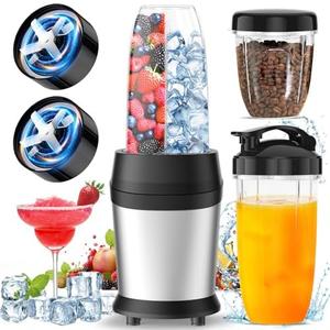 12-Piece Smoothie Blender Maker 25,000 RPM Personal Blender for Ice Crushing Smoothies & Frozen Drinks Nuts with 23oz, 32oz, 37oz Portable Cups Two 6-Leaf Stainless Steel Blades, Silver