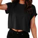 Crop Tops for Women Summer Short Sleeve Loose Fit T Shirts Casual Round Neck Rolled Basic Tees (Black, M)