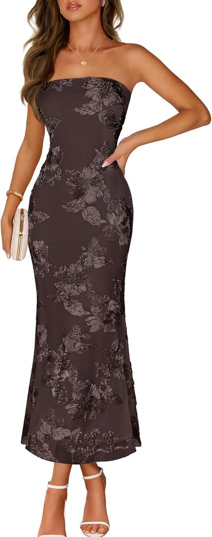 MEROKEETY Women's Floral Strapless Maxi Dress 2026 Summer Mesh Tube Bodycon Formal Wedding Guest Cocktail Party Long Dresses, Small
