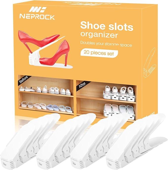 Neprock Shoe Slots Organizer, 20 Pack Adjustable Shoe Rack Stacker Storage Space Saver, Double Deck Shoe Rack Holder for Closet Organization (White)