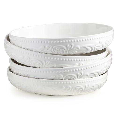 YHOSSEUN Ceramic Pasta Bowls Set of 4, 50 OZ Large Salad Serving Bowl, 9.75" Pasta Plates Shallow Bowl Plate, Microwave Dishwasher Safe, Embossed Morning Glory