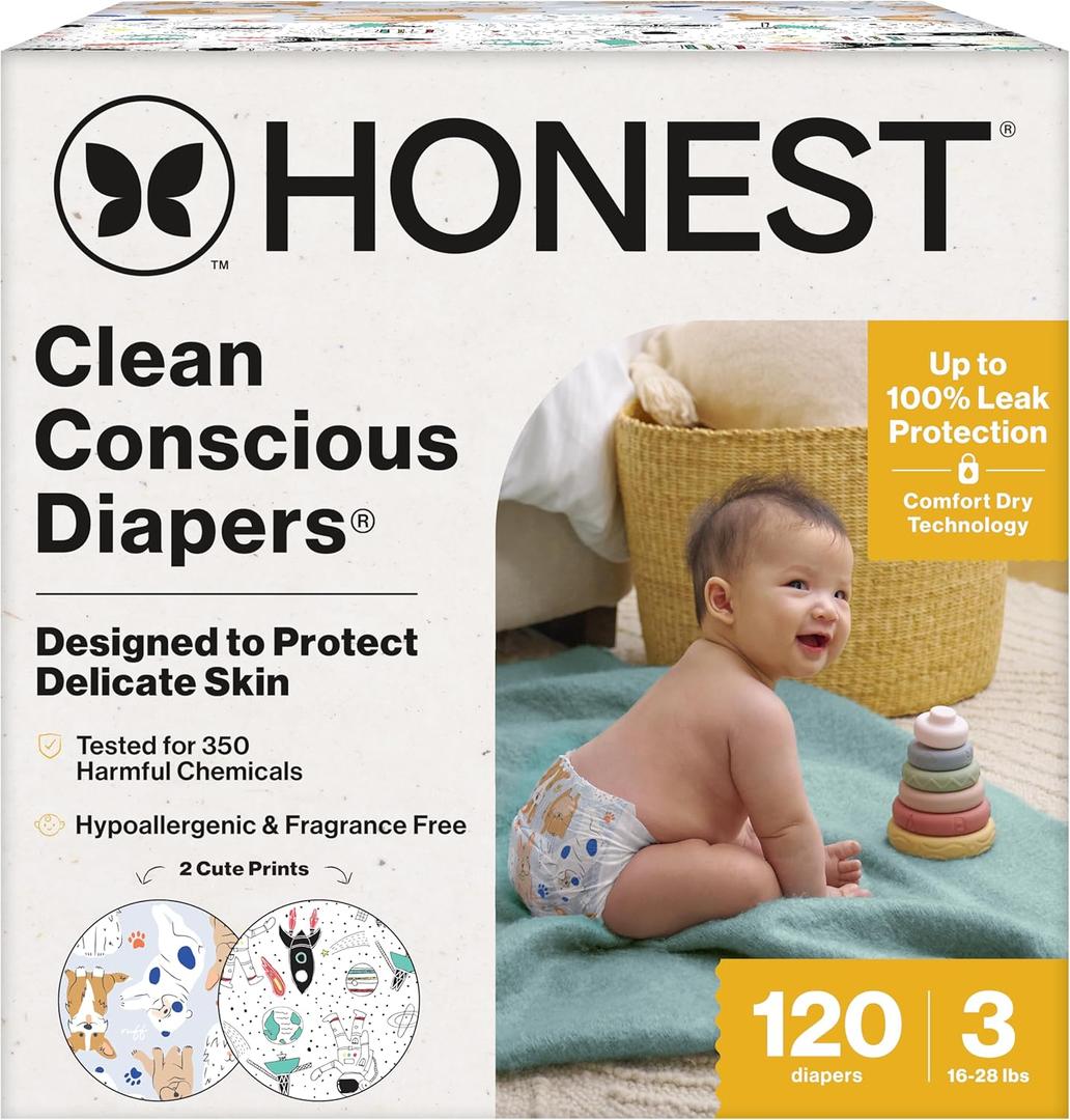 The Honest Company Clean Conscious Diapers for Delicate Skin | Up to 100% Leakproof | Hypoallergenic, Fragrance Free | Gender Neutral | Super Club Box, Size 3 (16-28 lbs), 120 Count (Prints May Vary) (Space Travel + It's a Pawty)