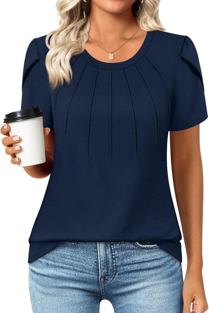 Anyhold Womens Tops Dressy Casual Summer Short Sleeve Blouse Dress Shirt (Blue, XXL)