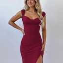 Womens Cowl Neck High Slit Backless Bodycon Dresses Sleeveless Bow Tie Slim Fit Club Party Maxi Dresses (Red, M)