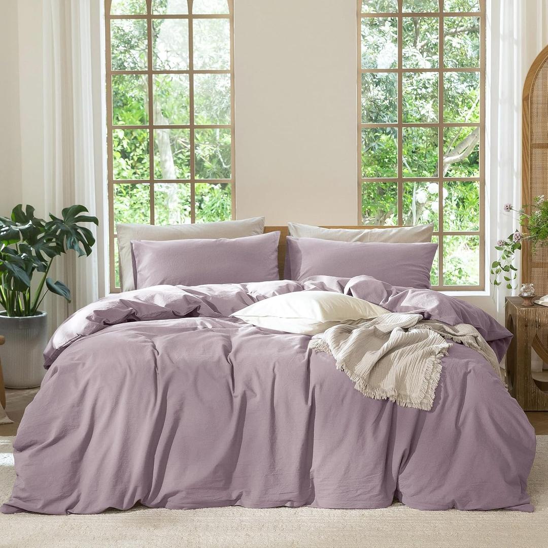 MooMee Bedding Duvet Cover Set 100% Washed Cotton Linen Like Textured Breathable Durable Soft Comfy (Solid Taro Purple, Palatial King/Oversized King 120"x98")
