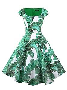 PUKAVT Women's Cocktail Party Dress Cap Sleeve 1950 Retro Swing Dress with Pockets Green Leaves S