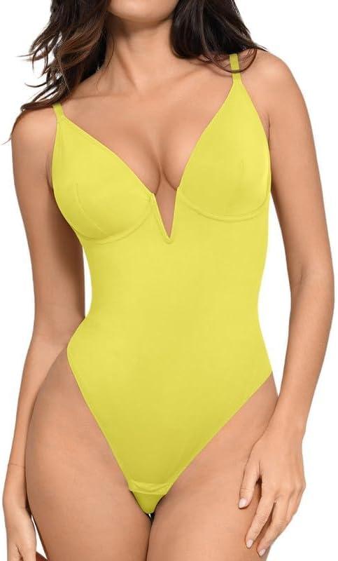 Popilush Shapewear Body Suits for Womens - Tummy Control Bodysuits for Women Deep V Corset Tops Thong Body Shaper (XL(10-12), Yellow)