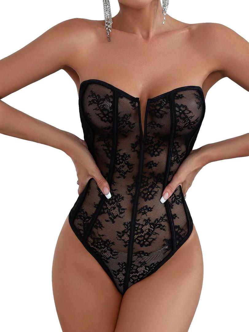 WDIRARA Women's Floral Lace Strapless Mesh Lingerie Bodysuit Hollow Out Teddies Bodysuit (Large, Black)