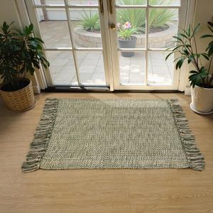 Collive 2' x 3' Small Entryway Rug, Washable Hand-Woven Kitchen Rug with Tassels, Natural/Green Farmhouse Low Profile Throw Carpet Reversible Front Door Mats for Bedroom Bathroom Home Décor