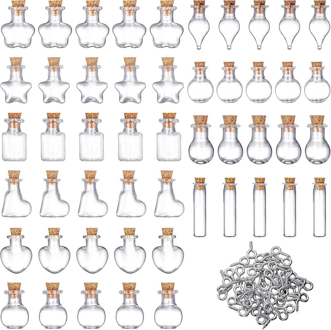 50 Pieces Small Mini Glass Jars Bottles with Cork Stopper 10 Style Christmas Wishing Glass Cork Bottle and 50 Pieces Eye Screws for Wedding Birthday Christmas Party Home Decoration