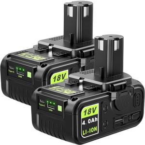 Abeden Replacement for Ryobi 18V Battery, 2-Pack P108 Lithium-Ion 4.0 Ah True High-Performance Compatible with 225+ 18V ONE+ Tools & Chargers with USB & Type-C Ports
