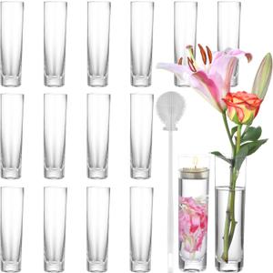 Glass Cylinder Vases for Centerpieces  Set of 16 Handmade Clear Flower Vase 7.48 Inches Tall,Wedding Table Decor for Single Rose Bud Vases,Small Vases Home Decor,Floreros,1 Brush