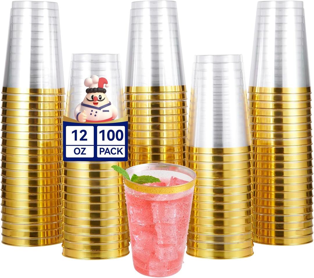 JOLLY CHEF 100 Pack Gold Plastic Disposable Cups, 12 oz Clear Plastic Cups Tumblers, Elegant Gold Rimmed Disposable Glasses for Wedding, Thanksgiving Day, Christmas