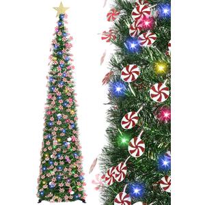 HMASYO 6 FT Pop Up Tinsel Christmas Tree with 100 Colored Timer Lights & Remote, Green Candy Collapsible Artificial Pencil Tree Xmas Decoration for Home, Office, Party, USB Powered, Easy Assembly