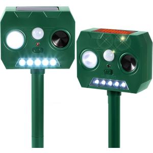 Solar Ultrasonic Animal Repellent Outdoor, 2 Pack Cat Squirrel Raccoon Bird Dog Deer Repellent Devices with PIR Motion Sensor LED Flash, Waterproof Animal Deterrent for Garden Yard Farm