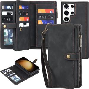 TwoHead for Samsung Galaxy S23 Ultra Wallet Case with Card Holder & Detachable Magnetic Phone Case for S23 Ultra 6.8 in PU Leather Shockproof Protective Phone Case (Dream Black)
