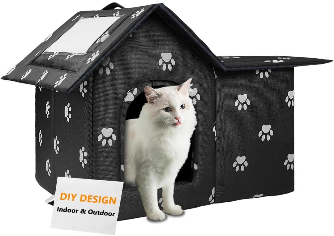 Large Cat Houses for Outdoor Cats, Weatherproof Outdoor House for Feral Cats, Collapsible Outside Cat House with Windproof Door, DIY Cardboard and Soft Mat, Warm Stable Stray Cats Shelter in Winter