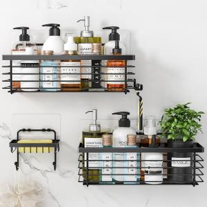ODesign Shower Caddy 3 Pack-Shower Bathroom Shelves Rack,Rustproof Wall Mounted SUS304 Stainless Steel-No Drilling,Adhesive Shower Shelf Basket Organizer-Silver, Black