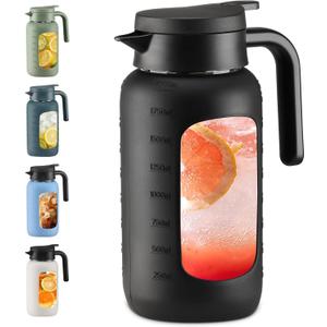 68 oz Glass Pitcher with Lid and Handle, Glass Carafe/Jug for Hot/Cold Water, Large Iced Tea Pitcher for Coffee, Juice and Homemade Beverage, Black