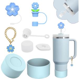 Stanley Cup Accessories Set, Including 2 Pcs 0.4in Straw Cover, 1 Silicone Spill-Proof Stopper Set of 3, 1 Cute Flower Handle Charm, 1 Silicone Boot Fits Stanley 40&30 Oz Tumbler (Blue)