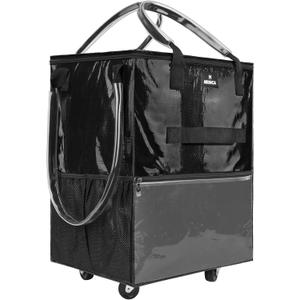 Reusable Grocery Bag On Wheels, Foldable Shopping Rolling Tote Bag with 6 Pockets, Shopping Trolley Cart with Zippered Top & 3-Way Handles, Heavy Duty, Lightweight for Moving, Camping, Small, Black