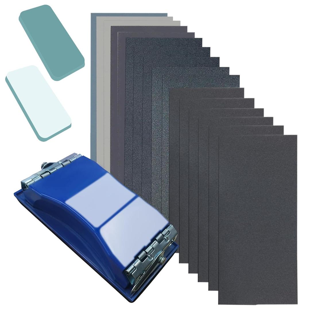 3-in-1 Wet Dry Sandpaper Set,48 Sheets of 80 to 3000 Grit Sand Paper,1 Sandpaper Holder and 2 Sponges Sanding Block for Wood Furniture Finishing Metal Automotive Sanding Polish