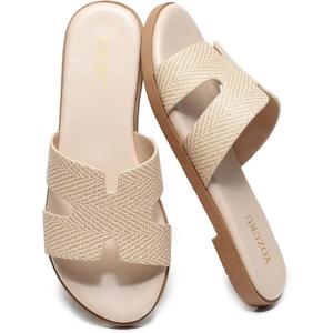 Yozuru Womens Flat Sandals Open Toe Dressy Summer Sandals Comfortable Casual Slip on Leather Slides Sandals for women (9.5, Raffia)