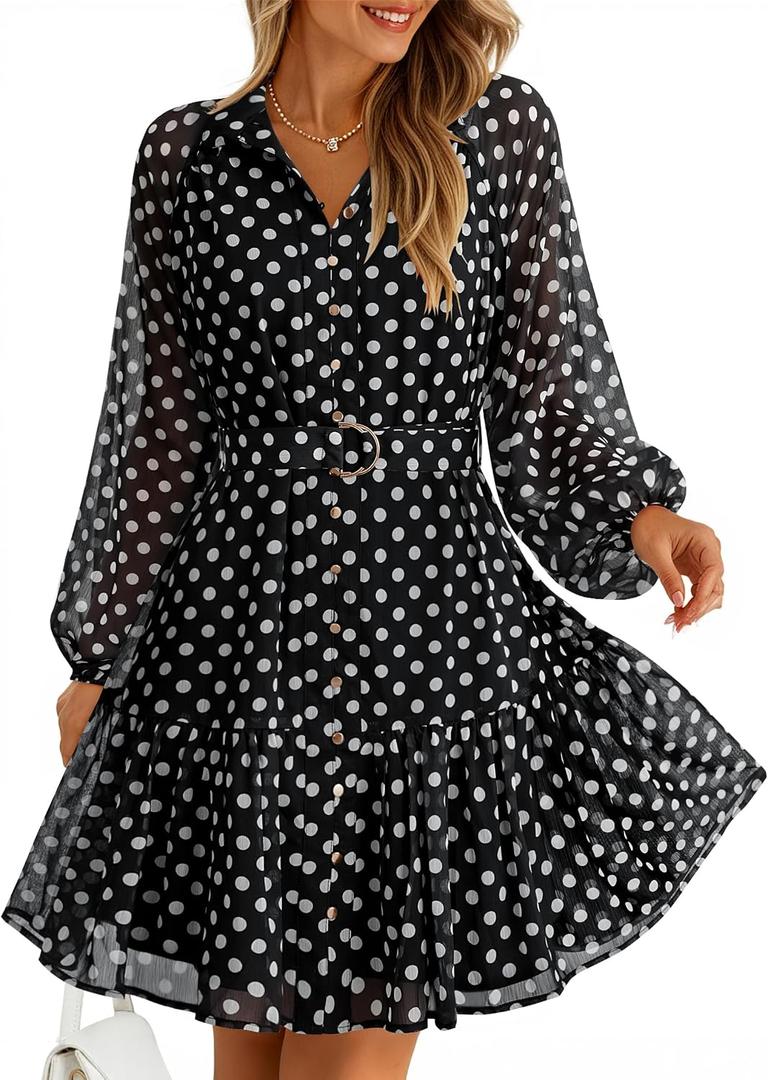 ZESICA Womens Spring Summer Floral Mini Dress Long Sleeve Button Chiffon A Line Swing Short Wedding Guest Party Dresses (Black, S)