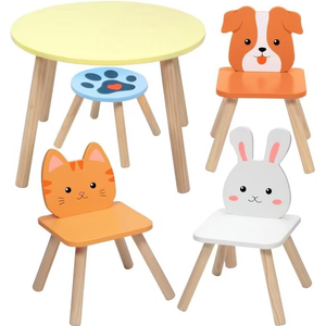 Svan Kids Wooden Animal Table & Chair Set w 3 Seats (Puppy Kitten & Bunny) & Adult Stool for Arts Crafts, Dining