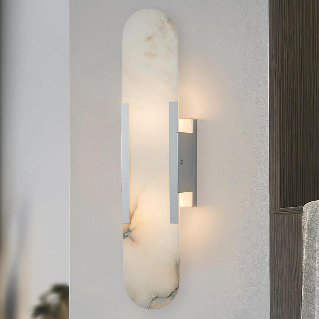 Modern Alabaster Elegance Backplate Sconce, Natural Marble Vanity Light, Unique Natural Stone Texture Wall Light for Bathroom, Dining Room, Living Room, Lounge Room, 4.25 w x 3.5 d x 20 h (Nickel)