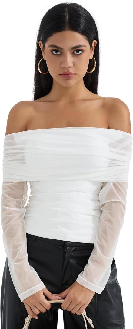 SUUKSESS Women Mesh Off The Shoulder Tops Sexy Going Out Ruched Foldover Shirt Summer Outfits (White, S)
