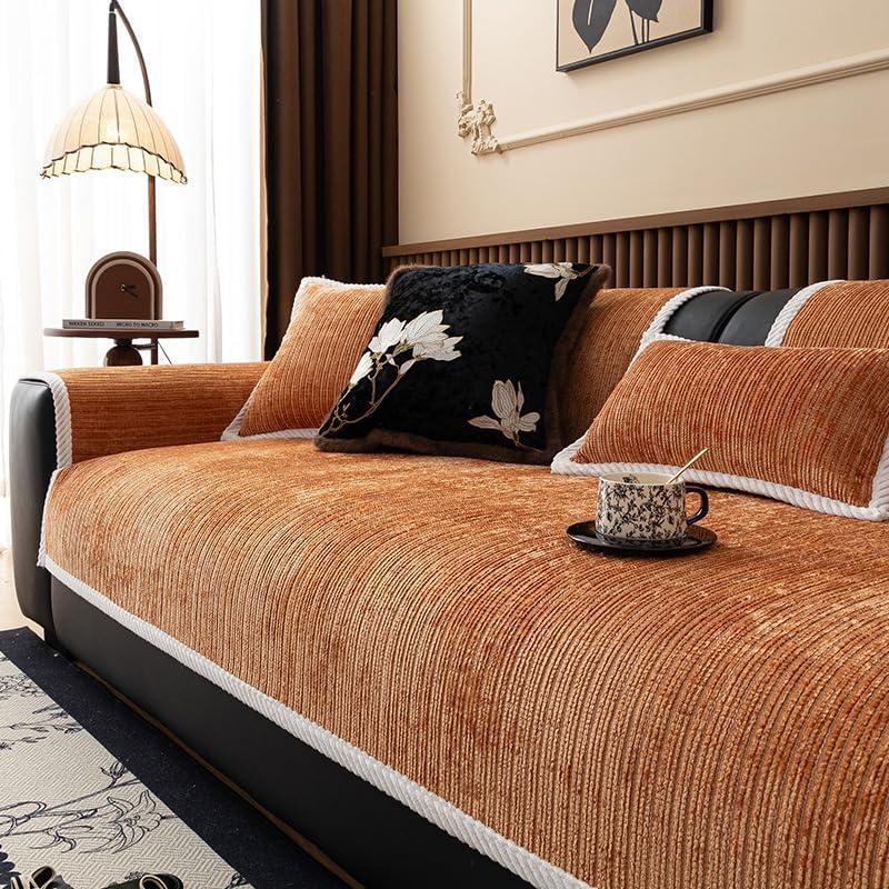 Simple Striped Couch Cover, Soft Non Slip Sofa Slipcover 1 2 3 4 Seater, Furniture Protector for Living Room, Washable Sofa Cover,Orange,90 * 120 cm