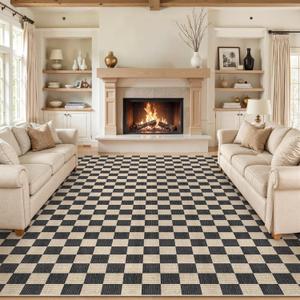 LIVEBOX 10x14 Area Rugs for Living Room, Checkered Non-Slip Washable Rugs, Farmhouse Neutral Classic Geometric Pattern Large Boys Area Rug for Bedroom, Carpet for Dining Room Office (Black,10'x14')