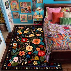 Floral Nursery 3x5 Area Rugs Washable Print Boho Cute Carpet Non Slip Flower Low Pile for Living Room Kids Girls Playroom Bedroom Kitchen Office Farmhouse-Black
