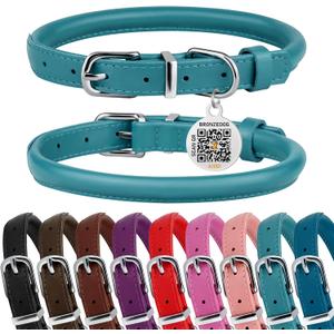BRONZEDOG Rolled Leather Dog Collar for Small Medium Large Dogs with QR ID Tag (M: 14-16 Inch, Teal)
