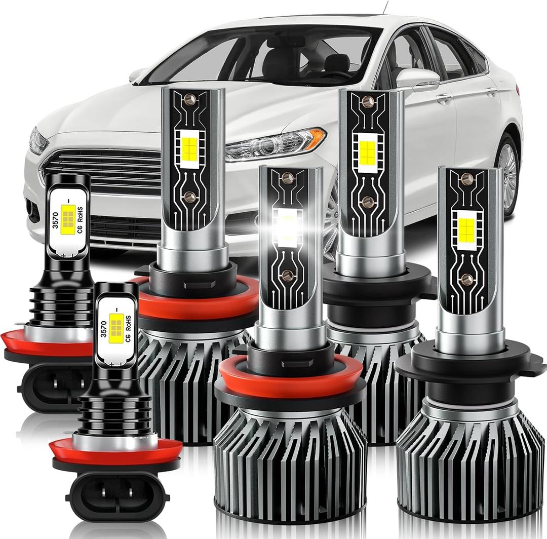 Compatible For 2006-2017 Ford Fusion High/Low Beam Fog Light Bulbs Kit, 600% Brightness 6500K White, Plug-N-Play, Pack of 6