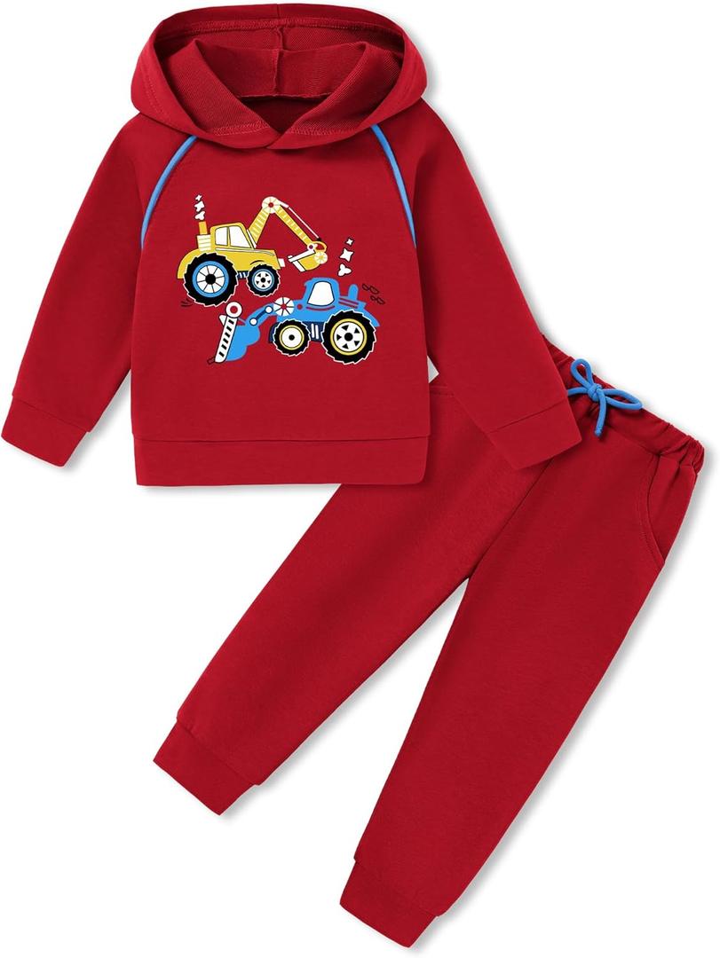 Coco&RARA Toddler Boy Clothes Outfits Long Sleeve Hoodie Sweatshirt Pants Set 2PCS Baby Boys Fall Winter Sweatsuit (Red + Tractor, 4-5 Years)