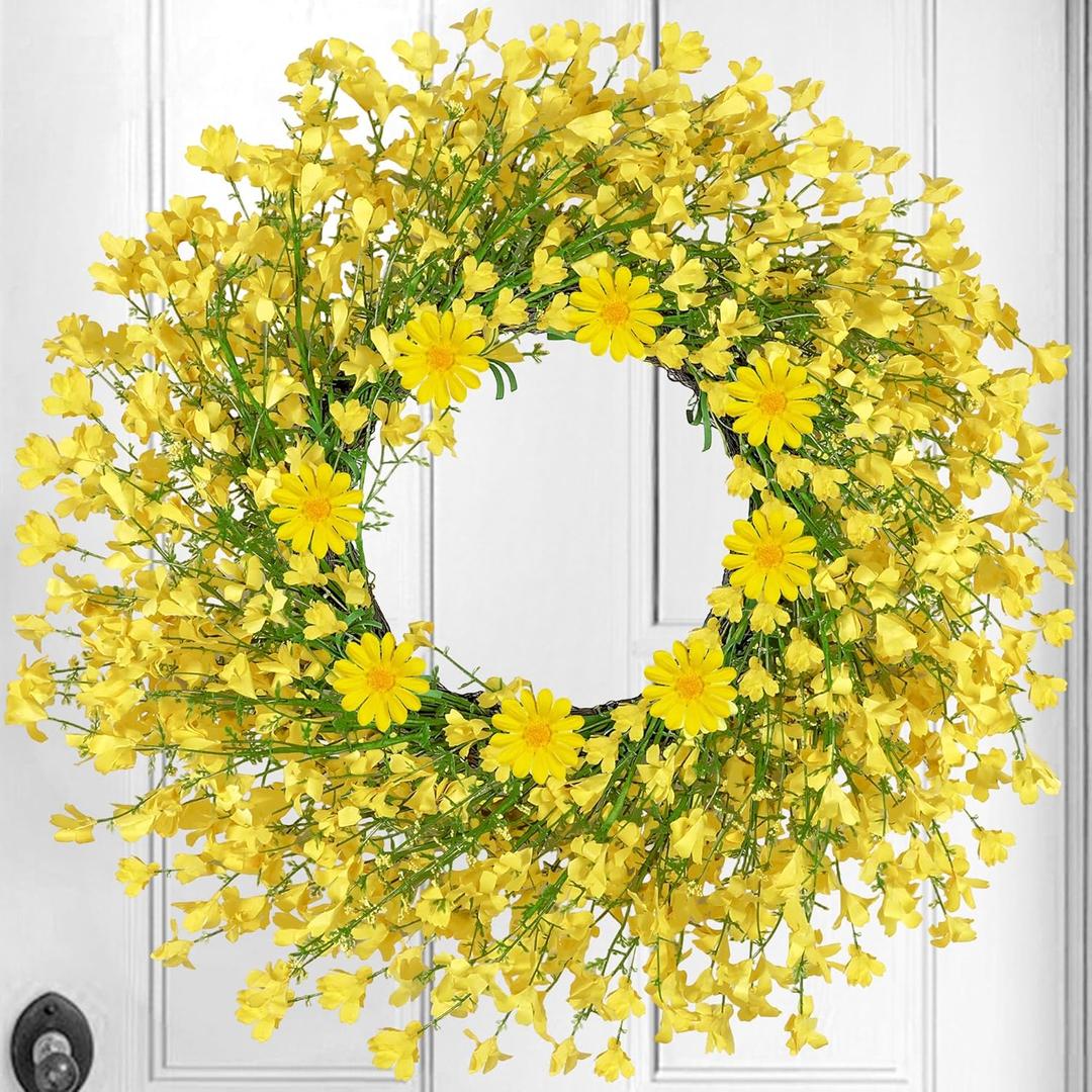 24 Inch Large Spring Wreaths for Front Door Daisy Wreath Easter Wreaths for Front Door Artificial Floral with Wild Floral for Farmhouse Porch Wall Living Room Home Decor