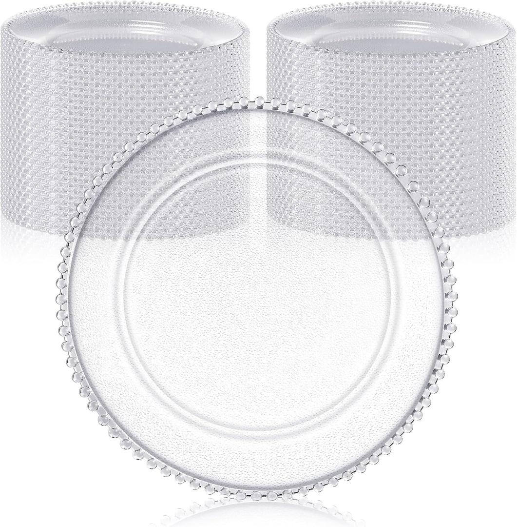 Hoolerry 50 Pack Clear Charger Plates Bulk 13 Inch Plastic Round Beaded Dinner Chargers Acrylic Frosted Grain Decorative Service Plates for Wedding Party Event, Home and Kitchen Tabletop (Transparent), approx. 13 inch