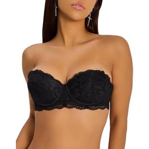 zossav Push Up Strapless Bras for Women Convertible Underwire Anti-Slip Lace Padded Bra Add 2 Cup 32D Pure Black