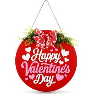 Leinuosen Happy Valentine's Day Door Sign Wooden Heart Front Door Hanger Sign Valentine Gift Hanging Wreath Decoration for Farmhouse Home Porch Window Wall Decor