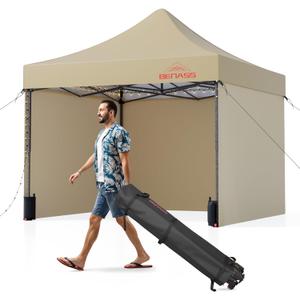 10x10 Pop Up Canopy Tent with 8 Reinforced Steel Wire Ropes, Heavy Duty Instant Canopies with 3 Removable Sidewalls, Khaki