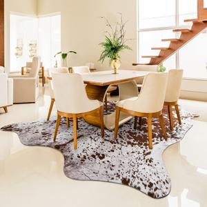 Easycozy Faux Cowhide Large Cow Print Rug - 5.2 x 6.2 Feet Thickened Elastic Rug for Bedroom, Living Room, Home Office, Western Decor (Brown)