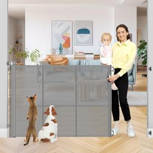 42 Inch High Retractable Baby Gates Extra Tall Retractable Pet Gate with Reinforced Strips 55 Inch Wide No Sag Mesh Baby Gate for Stairs Anti-Scratch Extra Tall Dog Gates for Doorways, Gray