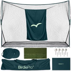 BirdiePro - American Pro Golf Practice Net, 10x7ft Heavy Duty Golf Hitting Net with EchoShield Target & FlexWeave Net, Indoor Outdoor Training Backyard, Full Set with Mat, Balls & Cap (Deep forest)