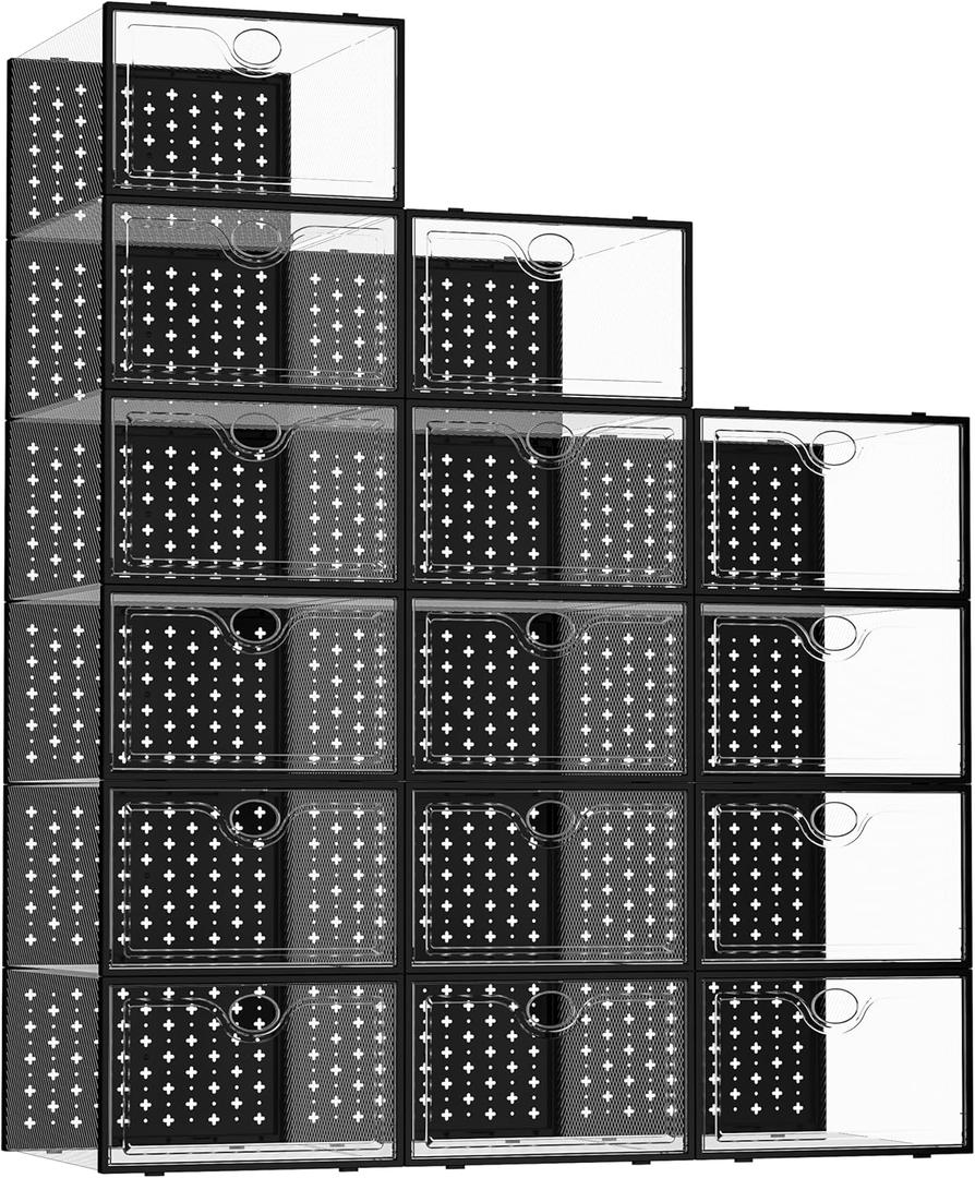 Pinkpum 15 Pack X-Large Shoe Storage Boxes, Shoe Organizer for Closet Clear Plastic Stackable Shoe Dispaly Case Bins Holder, Sneaker Storage for Sneakerheads Black